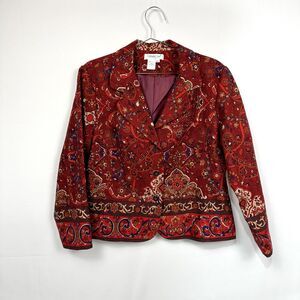 Coldwater Creek Jacket Cotton Tapestry Look Woven Red Floral Blazer Petite XL